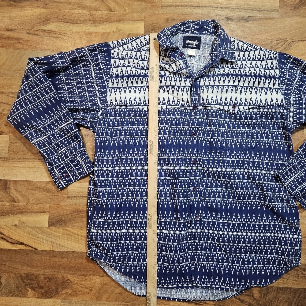 Wrangler XL Western Aztec Print Shirt Blue Geometric Button Front - Picture 4 of 6